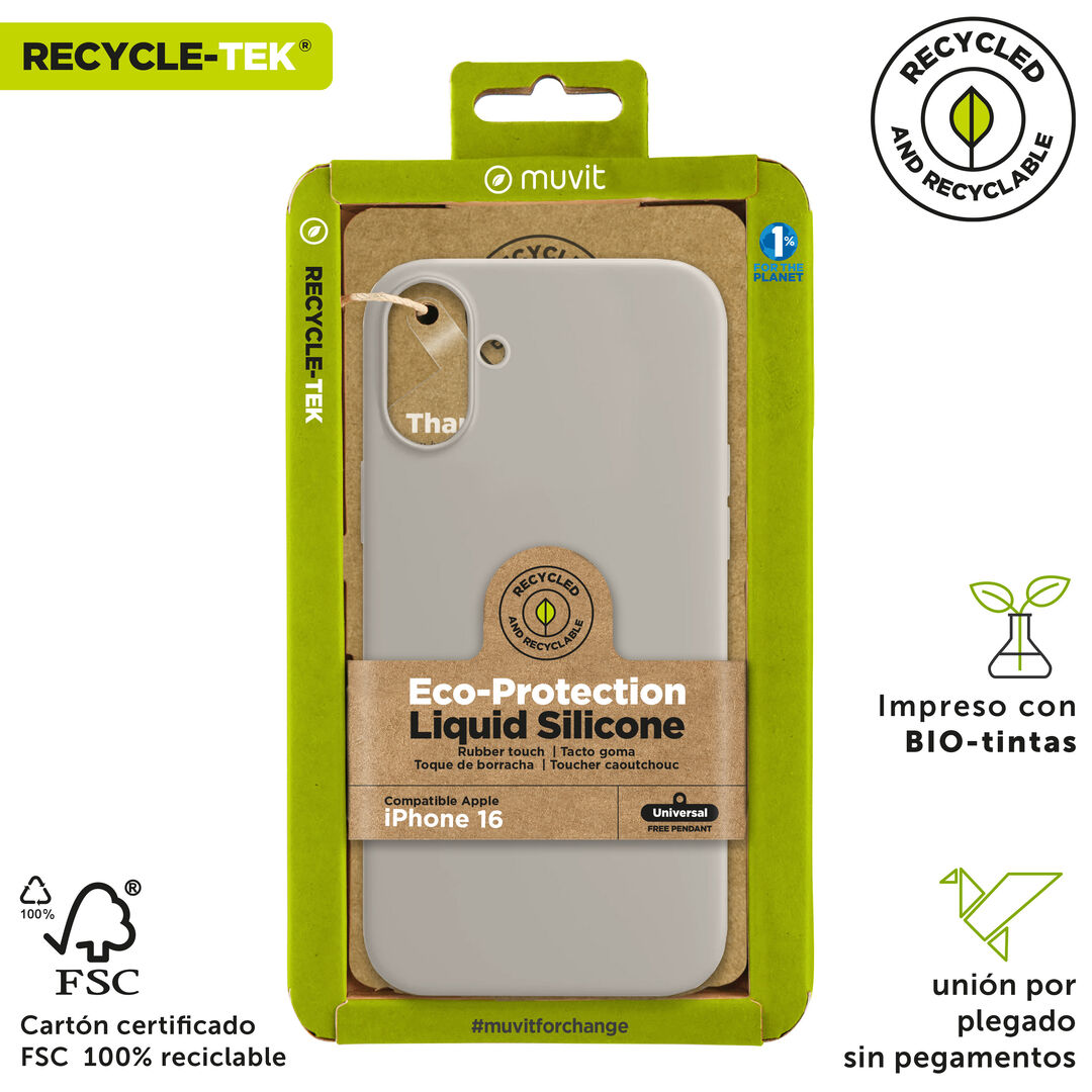 Nuestra funda liquid de muvit for change, fabricada en silicona reciclada certificada, aporta un tacto extra suave con un acabado interior en microfibra. A&ntilde;ade un toque de color a tu iPhone 

La protecci&oacute;n del medio ambiente es, hoy en d&iacute;a, una preocupaci&oacute;n en todo momento, con las fundas recycletek de muvit for change, proponemos una gama de fundas reciclables, fabricadas con materiales reciclados con certificado GRS. Una manera responsable de proteger nuestro smartphone.&nbsp;