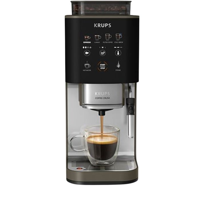 Cafetera autom&aacute;tica Krups Coffee Crush ultra compacta con caf&eacute; reci&eacute;n molido, 15 bares de presi&oacute;n y control t&aacute;ctil para preparar espresso o lungo a tu gusto.