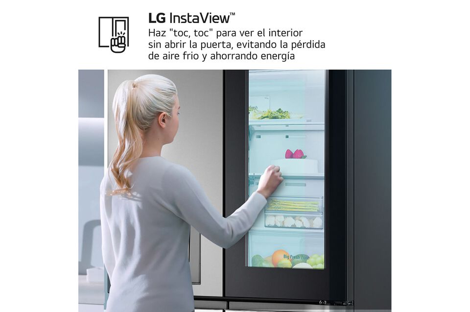 Frigor&iacute;fico americano de 4 puertas con 646 litros, InstaView, DoorCooling+, LinearCooling, UVnano y dispensador de agua y hielo. Clase energ&eacute;tica E y dise&ntilde;o inox antihuellas.