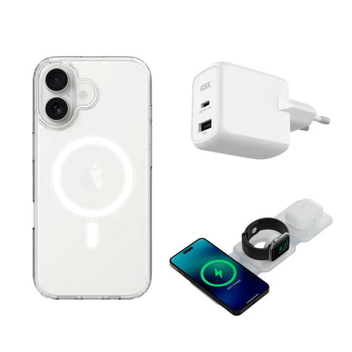 <p>El pack KSIX para iPhone 17 re&uacute;ne tres accesorios esenciales para proteger y cargar tu smartphone en cualquier momento del d&iacute;a. Incluye una funda transparente Flex MagCharge compatible con carga magn&eacute;tica, un cargador GaN de 45W con carga r&aacute;pida y un cargador inal&aacute;mbrico 3en1 plegable compatible con MagSafe&reg; para iPhone&reg;, Apple&reg; Watch y AirPods. Una soluci&oacute;n pr&aacute;ctica pensada para mantener todo tu ecosistema cargado y protegido tanto en casa como en la oficina o durante tus viajes.</p>