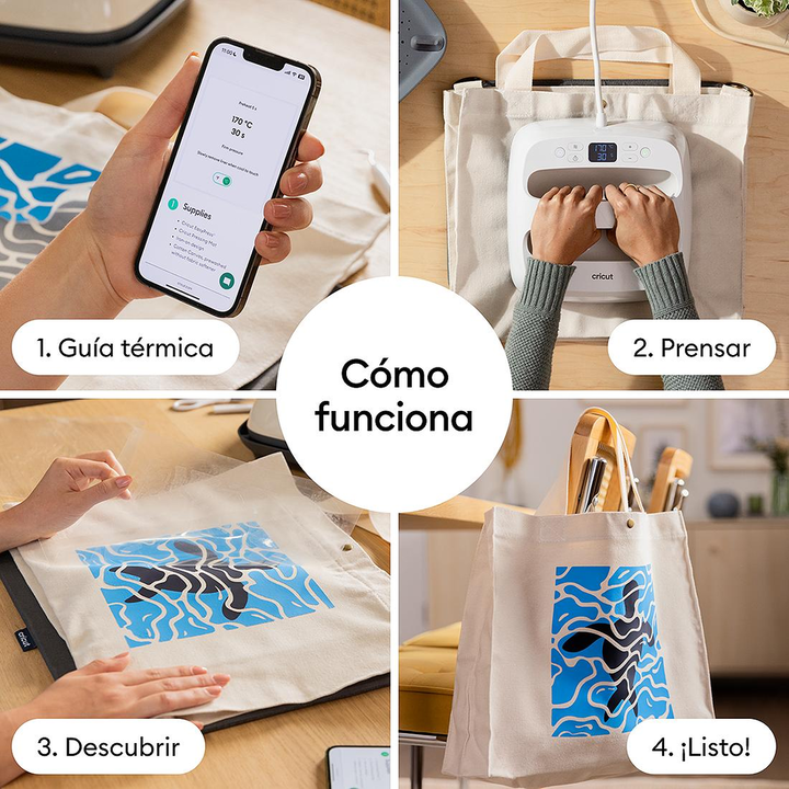 Prensa de calor port&aacute;til dise&ntilde;ada para personalizar camisetas, bolsas, cojines y otros textiles con resultados profesionales. Ofrece un calentamiento uniforme, control preciso de temperatura de hasta 205 &deg;C y es compatible con vinilo termoadhesivo (HTV), Infusible Ink&trade; y proyectos de sublimaci&oacute;n. Incluye una base de planchado para trabajar de forma segura y c&oacute;moda.