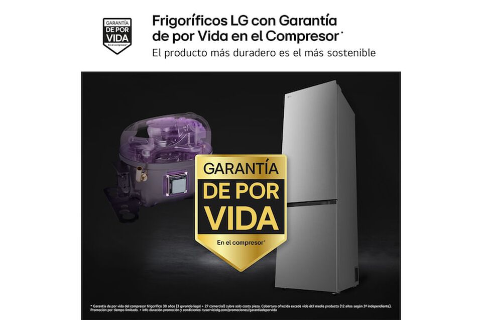 Frigor&iacute;fico combi LG GBBS322APY con DoorCooling+, eficiencia energ&eacute;tica A, conectividad WiFi y acabado inox antihuellas.