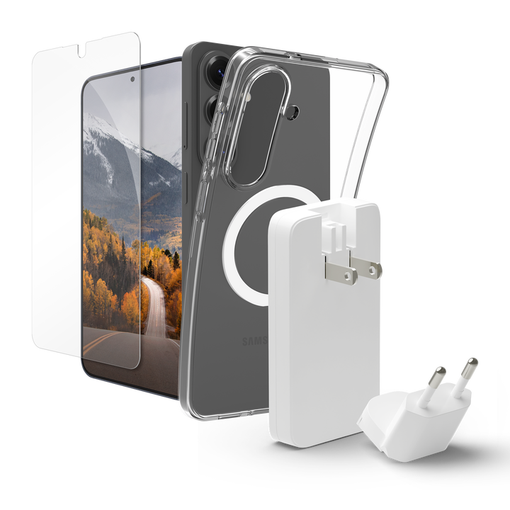 Funda Sostenible transparente para Samsung Galaxy S26+  + protector + Cargador carga r&aacute;pida 65W
