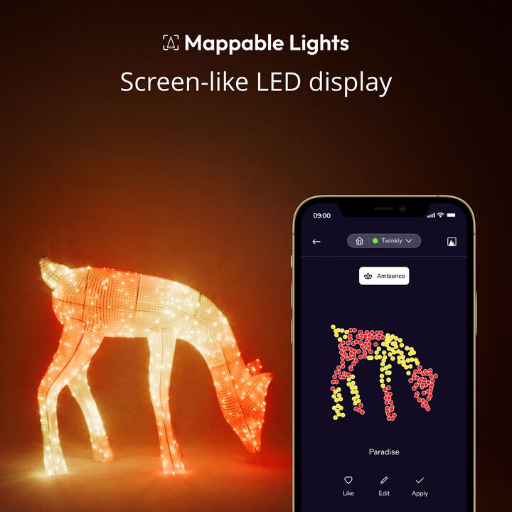 La elegante figura 3D completa una impresionante exhibici&oacute;n exterior y es un bello acento decorativo para tu hogar incluso durante el d&iacute;a. Certificada IP44 para uso exterior. Elige entre efectos y animaciones predefinidos o personaliza y dise&ntilde;a los tuyos usando una paleta de m&aacute;s de 16 millones de colores. 