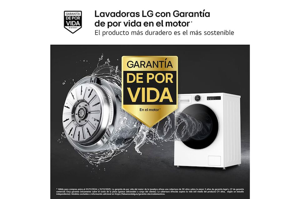 Lavadora LG 9 kg con AI Direct Drive y TurboWash 360&deg;, 1400 rpm, conectividad ThinQ, alta eficiencia (&minus;60% vs A), color blanco.