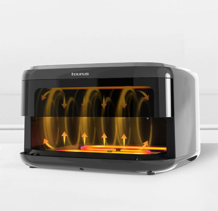 Cocina pizzas de hasta 30 cm, carnes y reposter&iacute;a con su dise&ntilde;o horizontal que evita remover los alimentos. 
Su tecnolog&iacute;a ExtraGrill y doble resistencia act&uacute;an de forma directa para garantizar un cocinado m&aacute;s r&aacute;pido y uniforme que un horno.