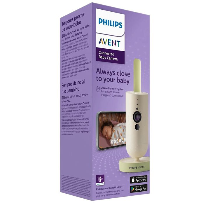 Vigila el beb&eacute; de forma segura y desde cualquier lugar con la c&aacute;mara conectada de Philips Avent. Incorpora una c&aacute;mara HD, con comunicaci&oacute;n bilateral y un sistema de conexi&oacute;n segura que permite estar conectado al beb&eacute; desde cualquier, con la aplicaci&oacute;n Baby Monitor+