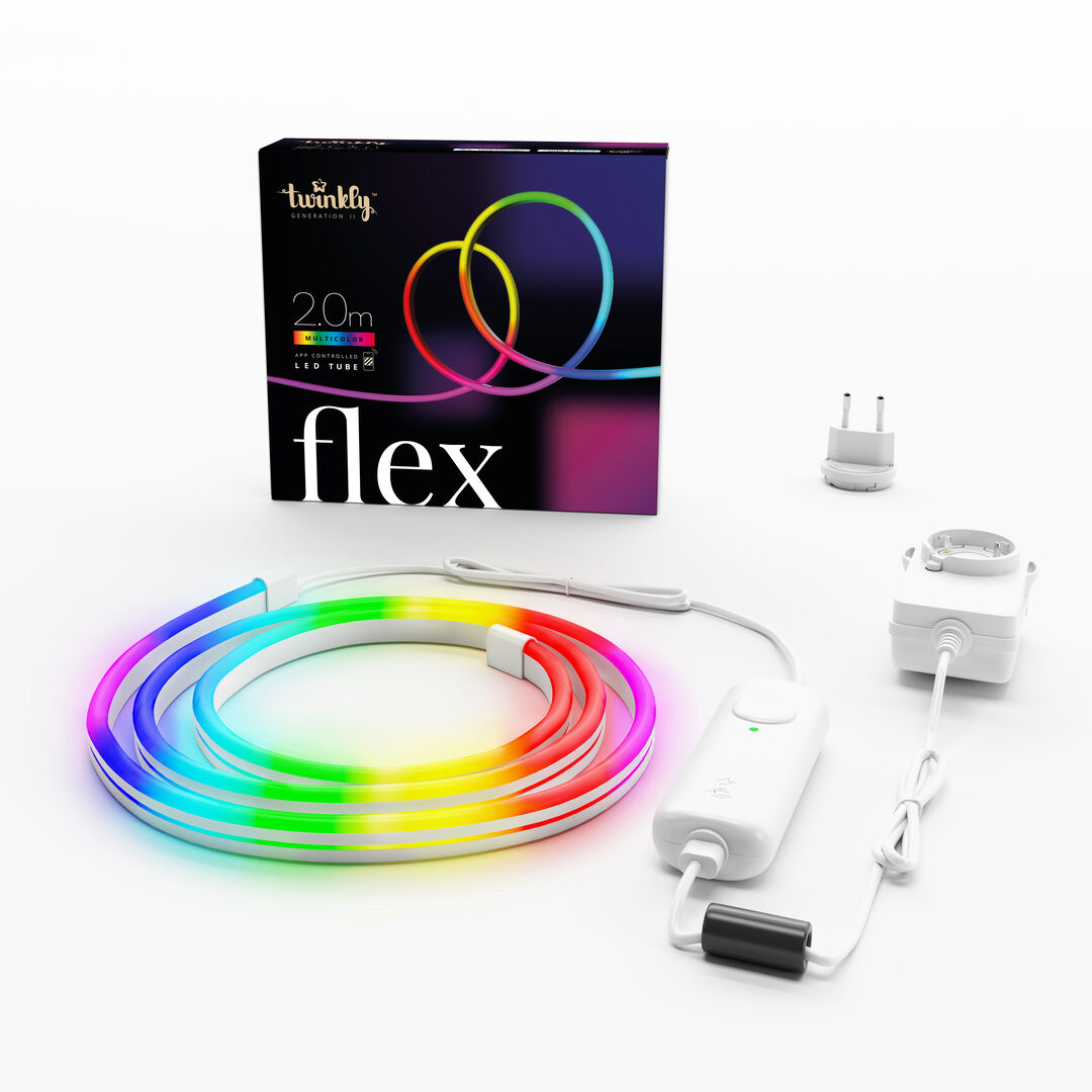 Observa c&oacute;mo la luz y el color se convierten en arte con el tubo LED flexible Twinkly Flex. Estas luces efecto ne&oacute;n pueden moldearse en cualquier forma para una personalizaci&oacute;n total. Incluye kit de montaje y plantillas para ayudarte a crear tu dise&ntilde;o.  
Mapea las luces con la c&aacute;mara de tu smartphone y la app, desbloqueando gradientes de color infinitos, efectos y opciones de agrupaci&oacute;n para conectar Flex virtualmente con cualquier otra luz Twinkly para displays extendidos y sincronizados.  
Solo para uso en interiores. Los tubos LED premium y lisos se pueden dar forma a cualquier figura. El kit de montaje incluido cuenta con peque&ntilde;os clips de pl&aacute;stico transparente que fijan tu Flex en curvas y l&iacute;neas rectas. Flex cuenta con tecnolog&iacute;a patentada que utiliza la c&aacute;mara de tu smartphone y la aplicaci&oacute;n para mapear la posici&oacute;n de cada LED. Reproduce efectos personalizados ilimitados y crea los tuyos con una paleta de m&aacute;s de 16 millones de colores.