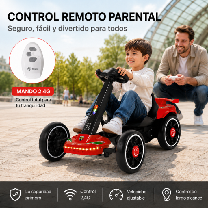 Kart infantil el&eacute;ctrico. Doble motor. Plegable. Mando a distancia- Rojo