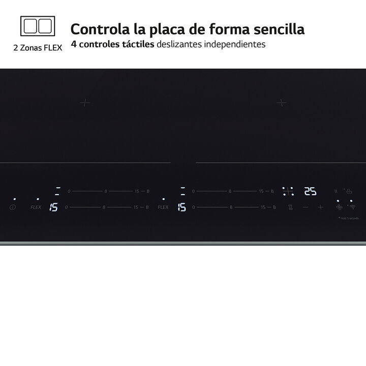 Placa de inducci&oacute;n de 59 cm con 2 zonas Flex, controles t&aacute;ctiles deslizantes, funci&oacute;n Boost de 3,3 kW y conectividad WiFi para sincronizaci&oacute;n con campana. Cristal negro y m&aacute;xima flexibilidad de cocci&oacute;n