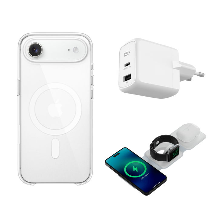 <p>El pack KSIX para iPhone Air re&uacute;ne tres accesorios esenciales para proteger y cargar tu smartphone en cualquier momento del d&iacute;a. Incluye una funda transparente Flex MagCharge compatible con carga magn&eacute;tica, un cargador GaN de 45W con carga r&aacute;pida y un cargador inal&aacute;mbrico 3en1 plegable compatible con MagSafe&reg; para iPhone&reg;, Apple&reg; Watch y AirPods. Una soluci&oacute;n pr&aacute;ctica pensada para mantener todo tu ecosistema cargado y protegido tanto en casa como en la oficina o durante tus viajes.</p>