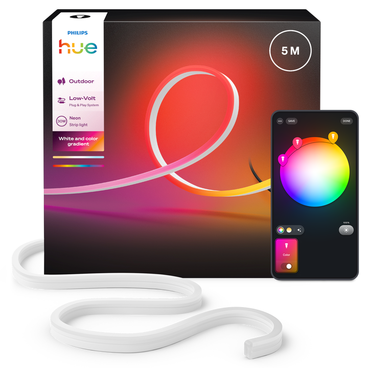 <div class="woocommerce-product-details__short-description">
<p>Tira de Led HUE LightStrips Gradient para Exterior.</p>
<p>LED integrado RGB.</p>
<p>Bombilla incluida.</p>
<p>Bridge NO incluido.</p>
<p>A&ntilde;ade un brillo juguet&oacute;n a tu espacio de exterior con la tira de luz para exteriores Neon. La tecnolog&iacute;a Chromasync&trade; ofrece una combinaci&oacute;n precisa de colores para crear hermosos degradados en tu patio, senderos y plantas. Disfruta de una luz blanca brillante en cualquier tono natural para una iluminaci&oacute;n pr&aacute;ctica en exteriores. Las escenas de iluminaci&oacute;n personalizables y los efectos din&aacute;micos crean el ambiente perfecto para cada momento al aire libre. La instalaci&oacute;n es sencilla: con&eacute;ctala a una toma de corriente est&aacute;ndar mediante la fuente de alimentaci&oacute;n de baja tensi&oacute;n incluida o int&eacute;grala en su configuraci&oacute;n de baja tensi&oacute;n existente.</p>
<div id="tab-description" class="woocommerce-Tabs-panel woocommerce-Tabs-panel--description panel entry-content wc-tab">
<ul style="list-style-type: circle;">
<li><strong>Bombillas Compatibles: </strong>LED Integrado.</li>
<li><strong>Regulable:</strong> SI</li>
<li><strong>Cambio de Color (PowerLED):</strong> SI</li>
<li><strong>Adaptador de corriente incluido:</strong> SI</li>
<li><strong>Consumo (W)</strong>: 30</li>
<li><strong>Luminosidad (LM):</strong> 1100 lm /m a 4000&ordm;k</li>
<li><strong>Bridge incluido:</strong>&nbsp;NO</li>
<li><strong>Largo (mm):</strong> 5000</li>
<li><strong>Altura (mm): </strong>21</li>
<li><strong>Anchura (mm):</strong> 11</li>
<li><strong>Material:&nbsp;</strong>Sint&eacute;tico</li>
<li><strong>Protecci&oacute;n IP:</strong> IP67 &nbsp;(fuente de alimentaci&oacute;n IP44)</li>
</ul>
</div>
</div>