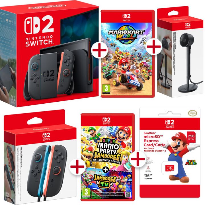 CONSOLA NINTENDO SWITCH 2 + MARIOKART WORLD + SUPER MARIO PARTY JAMBOREE SWITCH2 EDITION + JOYCON + CAMARA + MicroSD EXPRESS CARD VERSI&Oacute;N ESPA&Ntilde;OLA GARANT&Iacute;A EUROPEA EUROPEAN WARRANTY

Incluye:

&bull; Una consola Nintendo Switch 2

&bull; Mandos Joy-Con 2 (izquierdo y derecho)

&bull; Un soporte para mandos Joy-Con 2

&bull; Correas de los mandos Joy-Con 2

&bull; Una base de Nintendo Switch 2

&bull; Un cable HDMI de ultra alta velocidad

&bull; Un adaptador de corriente de Nintendo Switch 2

&bull; Un cable USB-C de carga

&bull; JUEGO COMPLETO MARIOKART WORLD SWITCH 2 en formato de juego f&iacute;sico

&bull; JUEGO COMPLETO SUPER MARIO PARTY JAMBOREE SWITCH2 EDITION en formato de juego f&iacute;sico

&bull; JOY-CON 2 (pareja - Azul claro/Rojo claro) para Nintendo Switch 2

&bull; C&Aacute;MARA para Nintendo Switch 2

&bull; Tarjeta MicroSD Express Card de 256Mb para Nintendo Switch 2

Con GameChat, todo el mundo podr&aacute; jugar en compa&ntilde;&iacute;a de nuevas maneras

Gracias a la nueva funci&oacute;n en l&iacute;nea GameChat*2, los usuarios podr&aacute;n jugar y hablar entre ellos como si estuvieran todos en la misma habitaci&oacute;n, sin importar la distancia que los separe en la realidad. Ya se trate de celebrar una victoria como simplemente de pasarse a saludar, con GameChat los usuarios tendr&aacute;n la sensaci&oacute;n de que sus amigos en l&iacute;nea del mundo entero est&aacute;n justo a su lado. Tras configurar GameChat, los usuarios solo tienen que pulsar el bot&oacute;n C situado en el mando Joy-Con 2 derecho para empezar un chat con sus amigos en cualquier momento. Mediante el micr&oacute;fono integrado de la consola, hasta 12 personas en distintas ubicaciones pueden comunicarse a trav&eacute;s del chat de voz mientras juegan. Adem&aacute;s, hasta cuatro personas pueden compartir sus pantallas y, si conectan una c&aacute;mara USB-C compatible, como la c&aacute;mara de Nintendo Switch 2 (a la venta por separado), tambi&eacute;n podr&aacute;n disfrutar del chat de v&iacute;deo y verse las caras mientras juegan y dan rienda suelta a todo su entusiasmo. Si m&aacute;s personas desean unirse a la sesi&oacute;n, solo podr&aacute;n hacerlo por medio del chat de voz. Hasta el 31 de marzo de 2026, se podr&aacute; disfrutar de GameChat sin necesidad de tener una suscripci&oacute;n a Nintendo Switch Online. Pasada esa fecha, ser&aacute; necesario contar con una suscripci&oacute;n.

Un mont&oacute;n de funciones y experiencias nuevas

Una pantalla m&aacute;s grande y con colores intensos que permite mostrar el movimiento con mayor fluidez Nintendo Switch 2 cuenta con una pantalla LCD de 7,9 pulgadas y 1080p que muestra im&aacute;genes en alta definici&oacute;n total (Full HD), aunque la consola sigue teniendo el mismo grosor que Nintendo Switch. Incluso en el modo port&aacute;til, Nintendo Switch 2 ofrece una experiencia de juego intensa y detallada, as&iacute; como gr&aacute;ficos fluidos que permiten ver en todo detalle los movimientos de los personajes y sus variadisimas expresiones faciales.

Los mandos Joy-Con 2 se acoplan a la consola con toda facilidad

Los mandos Joy-Con 2 son los mandos totalmente redise&ntilde;ados de Nintendo Switch 2 y se acoplan magn&eacute;ticamente a la consola. Ambos mandos se pueden usar a modo de rat&oacute;n desliz&aacute;ndolos sobre superficies como una mesa o el regazo de los jugadores para hacer una gran variedad de cosas, como por ejemplo, apuntar a los objetivos en ciertos juegos.

Un soporte que puede ajustarse en distintos &aacute;ngulos y un nuevo puerto USB-C

Los usuarios pueden ajustar el &aacute;ngulo del nuevo soporte situado en la parte trasera de NintendoSwitch 2 para jugar en la posici&oacute;n que m&aacute;s les apetezca. Mientras que Nintendo Switch solo cuenta con un puerto USB-C en la parte inferior de la consola, Nintendo Switch 2 a&ntilde;ade otro en

la parte superior, lo que permite a los jugadores usar el adaptador de corriente incluido con la consola para cargarla mientras juegan en el modo sobremesa.Tambi&eacute;n es posible conectar una c&aacute;mara USB-C compatible, como la c&aacute;mara de Nintendo Switch 2, para disfrutar del chat de

v&iacute;deo en GameChat.

Gran velocidad de procesamiento y rendimiento mejorado de los gr&aacute;ficos

El rendimiento de la CPU (unidad de procesamiento central) y la GPU (unidad de procesamiento de gr&aacute;ficos) de Nintendo Switch 2 se ha mejorado considerablemente con respecto a Nintendo Switch, lo que se traduce en una mayor velocidad de procesamiento y un aspecto visual

optimizado en los juegos. Tambi&eacute;n permite mostrar gr&aacute;ficos m&aacute;s detallados y acortar los tiempos de carga.

Sonido n&iacute;tido y audio espacial en 3DEn Nintendo Switch 2, el sonido es m&aacute;s definido y natural, con un equilibrio incluso mejor entre los rangos de frecuencia del audio. Cuando los usuarios jueguen en el modo port&aacute;til o en el modo sobremesa, podr&aacute;n disfrutar de los juegos con un sonido a&uacute;n m&aacute;s inmersivo y tridimensional.

Memoria interna de 256 GB

Nintendo Switch 2 dispone de 256 GB de memoria interna, ocho veces m&aacute;s que Nintendo Switch, para almacenar, entre otras cosas, juegos digitales y datos de guardado. En el caso de que se necesite almacenamiento adicional, Nintendo Switch 2 utiliza exclusivamente tarjetas microSD Express, que permiten leer datos a mayor velocidad en comparaci&oacute;n con modelos previos de tarjetas microSD.

Es posible jugar a t&iacute;tulos de Nintendo Switch en Nintendo Switch 2

En Nintendo Switch 2 se puede jugar tanto a t&iacute;tulos de Nintendo Switch 2 como a t&iacute;tulos compatibles de Nintendo Switch, ya sea en formato f&iacute;sico o digital. Es posible que algunos t&iacute;tulos de Nintendo Switch sean incompatibles o no compatibles en su totalidad con Nintendo Switch 2.

Los mandos Joy-Con y otros perif&eacute;ricos de Nintendo Switch, -como el mando Pro de Nintendo Switch, tambi&eacute;n se podr&aacute;n usar con Nintendo Switch 2 al conectarlos a la consola de manera inal&aacute;mbrica. En la p&aacute;gina web de Nintendo hay m&aacute;s informaci&oacute;n disponible sobre la compatibilidad con juegos y accesorios de Nintendo Switch.

La nueva base de Nintendo Switch 2

Si los usuarios conectan la base de Nintendo Switch 2 al televisor, podr&aacute;n disfrutar de hasta 120 fps y de una resoluci&oacute;n de hasta 4K en juegos y televisores compatibles.

M&uacute;ltiples personas pueden jugar a un mismo t&iacute;tulo con GameShare

Gracias a GameShare, una nueva funci&oacute;n de Nintendo Switch 2, los usuarios podr&aacute;n compartir un t&iacute;tulo para jugarlo con otras personas, incluso si estas no disponen de una copia del juego en cuesti&oacute;n. Por ejemplo, si una persona tiene una consola Nintendo Switch 2 y un juego compatible con GameShare, puede establecer la comunicaci&oacute;n local con las consolas Nintendo Switch 2 o Nintendo Switch de otros usuarios para invitarlos a jugar a dicho t&iacute;tulo de manera temporal. Si GameShare se usa entre consolas Nintendo Switch 2, tambi&eacute;n es posible utilizar GameChat durante partidas en l&iacute;nea para que los usuarios charlen con los dem&aacute;s mientras juegan a un mismo t&iacute;tulo.

Las tarjetas de juego virtuales aportan ventajas al uso de los juegos digitales

Las tarjetas de juego virtuales permiten a los usuarios gestionar f&aacute;cilmente los juegos digitales que tengan, jugarlos en dos consolas diferentes o incluso prest&aacute;rselos entre ellos. En la secci&oacute;n de la consola dedicada a las tarjetas de juego virtuales se muestran todos los juegos digitalesque un usuario ha adquirido con su cuenta Nintendo, lo que facilita acceder a ellos y cargarlos en la consola. Una vez que se cargue la tarjeta de juego virtual en una consola, cualquier usuario de la misma podr&aacute; jugar al juego incluso cuando la consola no est&eacute; conectada a internet. Adem&aacute;s, gracias a las tarjetas de juego virtuales los miembros de un mismo grupo familiar de la cuenta Nintendo pueden prestarse juegos entre s&iacute; por medio de la comunicaci&oacute;n local.
JOY-CON 2 PAREJA - AZUL CLARO/ROJO CLARO PARA NINTENDO SWITCH 2 VERSI&Oacute;N ESPA&Ntilde;OLA GARANT&Iacute;A EUROPEA EU WARRANTY

Pack de 2 Joy-Con 2 para la consola Nintendo Switch 2, actualizados para que sea mucho m&aacute;s f&aacute;cil el control del movimiento, vibraci&oacute;n HD 2 y el nuevo bot&oacute;n C para acceder f&aacute;cilmente a GameChat, adem&aacute;s de usar el nuevo modo rat&oacute;n en juegos compatibles.

Este juego de mandos incluye dos Joy-Con 2 (uno derecho y uno izquierdo), junto con un par de correas. Es perfecto para jugar en modo multijugador local con otra persona en t&iacute;tulos compatibles.

Los mandos tienen aceler&oacute;metro, giroscopio, sensor del rat&oacute;n, un tiempo de carga de aproximadamente 3,5 horas y una duraci&oacute;n de la bater&iacute;a de aproximadamente de 20 horas.

Especificaciones:

    Peso Aproximadamente 66 g
    Tama&ntilde;o Aproximadamente 116 mm &times; 14,4 mm &times; 30,7 mm
    Bater&iacute;a interna Bater&iacute;a de ion de litio; capacidad de la bater&iacute;a: 500 mAh.
    Conectividad Bluetooth
    Botones 
    Palanca izquierda (se puede pulsar)
    Botones direccionales y L, ZL, SL, SR y &minus;
    Bot&oacute;n de captura
    Bot&oacute;n de extracci&oacute;n
    Bot&oacute;n SYNC

TARJETA DE MEMORIA 256 GB MICRO SD EXPRESS CARD PARA NINTENDO SWITCH 2 GARANT&Iacute;A EUROPEA EU WARRANTY

Tarjeta de memoria de 256 GB tipo Micro SD XC Express para la consola Nintendo Switch 2.

Con esta tarjeta puedes aumentar la capacidad de tu consola para descargar juegos y complementos.

Producto oficial Nintendo fabricado por SanDisk.