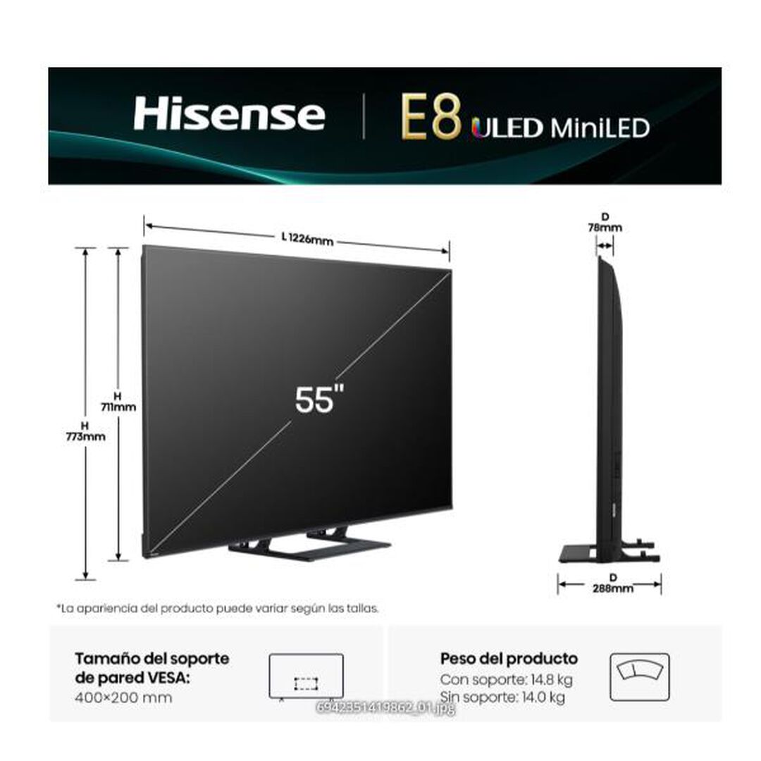 TV Hisense Mini LED 55" 4K Peana central 144Hz Full Array Subwoofer Dolby Vision IQ Dolby Atmos