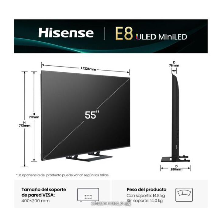 TV Hisense Mini LED 55" 4K Peana central 144Hz Full Array Subwoofer Dolby Vision IQ Dolby Atmos