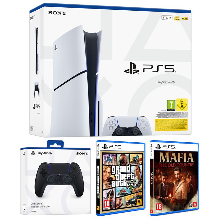 Pack PS5 lector de disco (CFI-2116 Slim Chasis E) con DualSense + DualSense MIDNIGHT BLACK PS5/PC/MAC/MOVIL + GTA V + Mafia: The Old Country