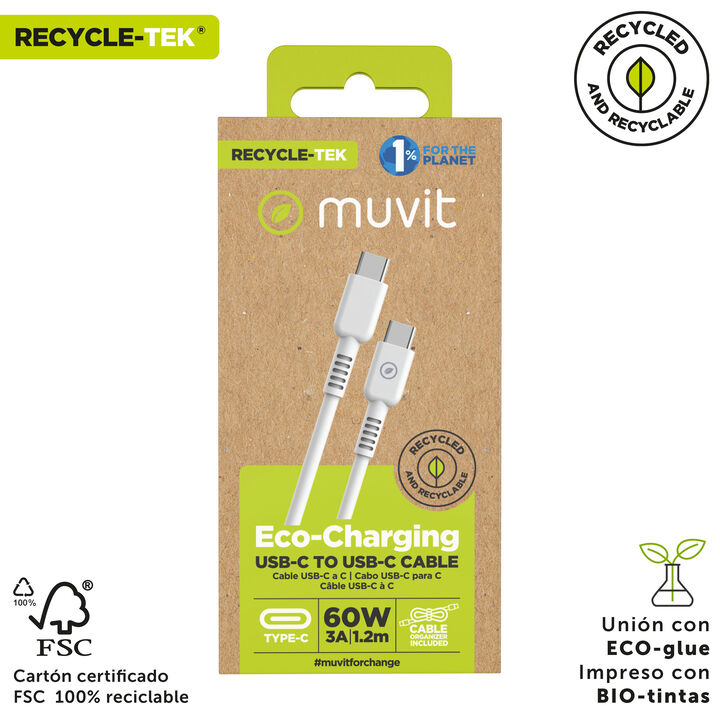 &iexcl;Carga o transfiere datos entre tus dispositivos y contribuye a cuidar el planeta! 

Cable para carga y transferencia de datos con conector Tipo C a Tipo C, 3A transferencia r&aacute;pida, 1,2m de longitud, en color blanco y 100% reciclable.&nbsp;Con un dise&ntilde;o patentado y homologado con el certificado CRS, conforme son productos reciclables y hechos con productos reciclados. Carga tus dispositivos cuidando el planeta en el proceso, y ll&eacute;vate de regalo un organizador de cables gratuito. 

En muvit for change nos comprometemos a donar el 1% de los ingresos para el planeta*.
