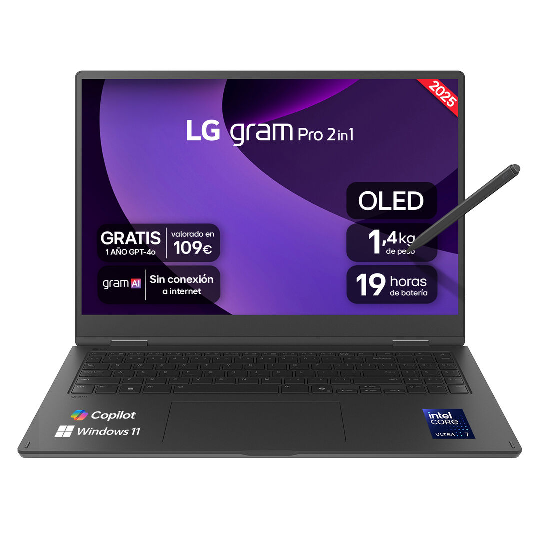 Port&aacute;til 16" LG gram Pro 2en1 - 16T90TP, Windows 11, Intel&reg; Arrow Lake H, 32 GB RAM, 1TB SSD, Panel OLED WQXGA+ (2880x1800), Ligero 1,4 kg, 19