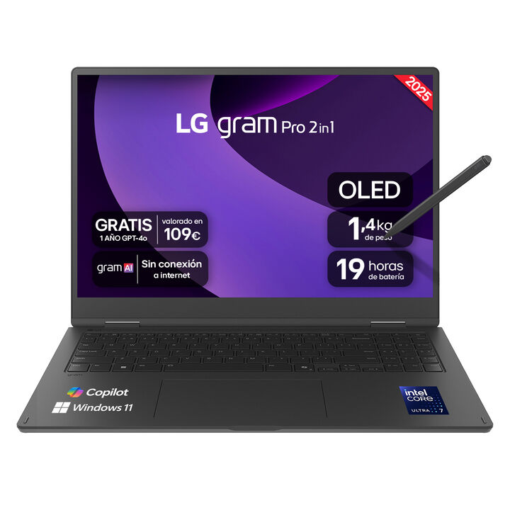 Port&aacute;til 16" LG gram Pro 2en1 - 16T90TP, Windows 11, Intel&reg; Arrow Lake H, 32 GB RAM, 1TB SSD, Panel OLED WQXGA+ (2880x1800), Ligero 1,4 kg, 19