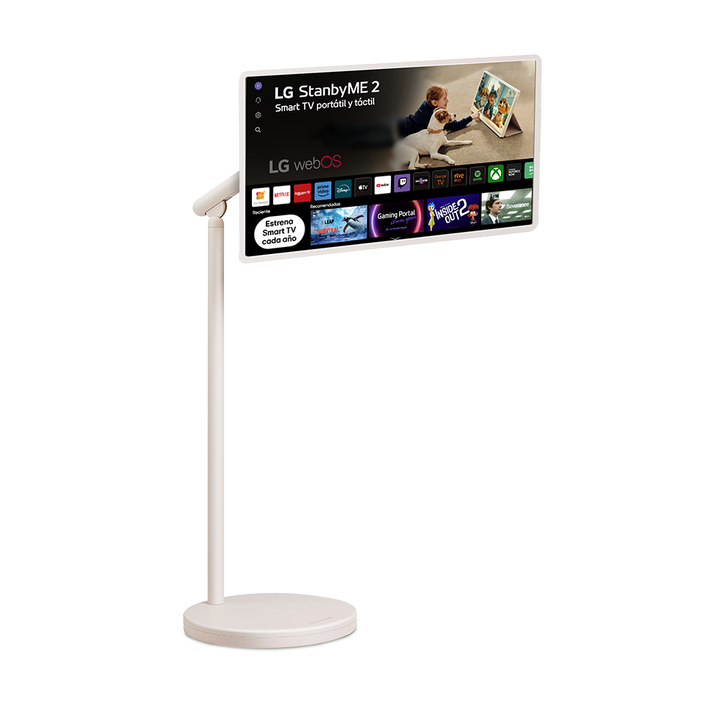 Smart TV port&aacute;til de 27" con pantalla t&aacute;ctil QHD, bater&iacute;a de hasta 4 horas y base con ruedas. Permite girar, inclinar y ajustar la altura para adaptarse a cualquier estancia.