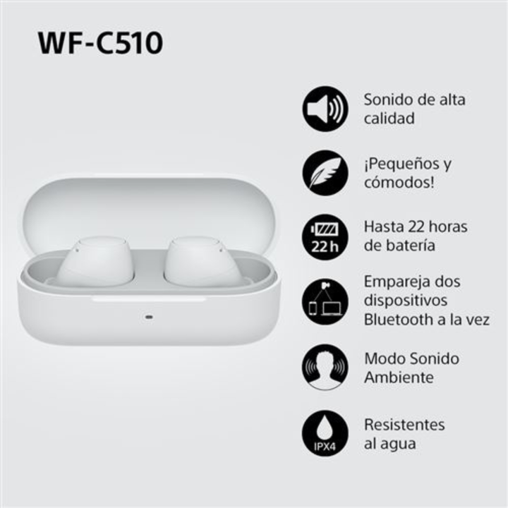 <p>Tras d&eacute;cadas de experiencia en audio de Sony, los auriculares WF-C510 est&aacute;n dise&ntilde;ados para ofrecer alta calidad de sonido para todo tipo de m&uacute;sica.</p>