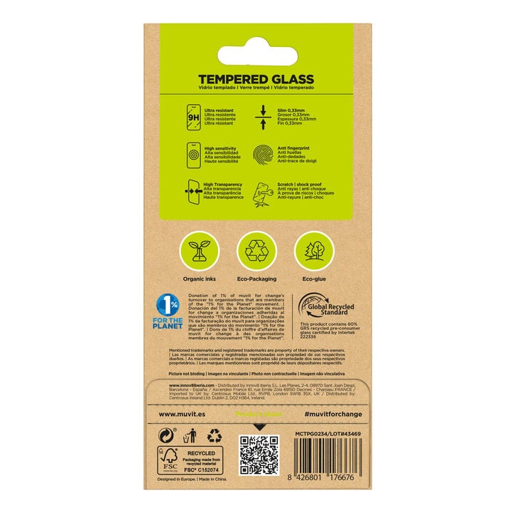¡Cuida tu dispositivo y contribuye a cuidar el planeta! Nuestro protector de pantalla eco responsable muvit for change, aporta protección extra a la pantalla de tu Smartphone sin perder la sensibilidad al tacto. De alta resistencia a impactos y arañazos con una dureza de 9H (máxima escala), evitará la rotura de tu pantalla ante un golpe o caída. Su tratamiento oleo fóbico, repele agua, grasa y suciedad. En muvit for change nos comprometemos a donar el 1% de los ingresos para el planeta*.