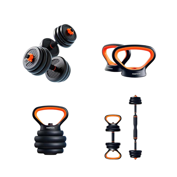 <p>El kit incluye varios discos de distintos pesos, juntamente con barras y soportes para pesas rusas, permitiendo personalizar todo tu equipo. Se pueden montar mancuernas, pesas rusas, barras con pesas y agarres para hacer flexiones.</p>