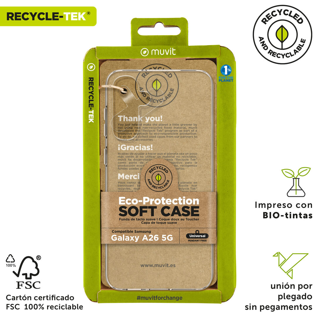 La protecci&oacute;n del medio ambiente es, hoy en d&iacute;a, una preocupaci&oacute;n en todo momento, junto a la preocupaci&oacute;n de proteger nuestro Smartphone. Con las fundas recycletek de muvit for change, proponemos una gama de fundas reciclables, fabricadas con fundas usadas y viejas. Una manera responsable de proteger nuestro smartphone. Porque contribuir en la lucha contra la contaminaci&oacute;n y proteger nuestro eco sistema, debe formar parte de nuestros gestos cotidianos.