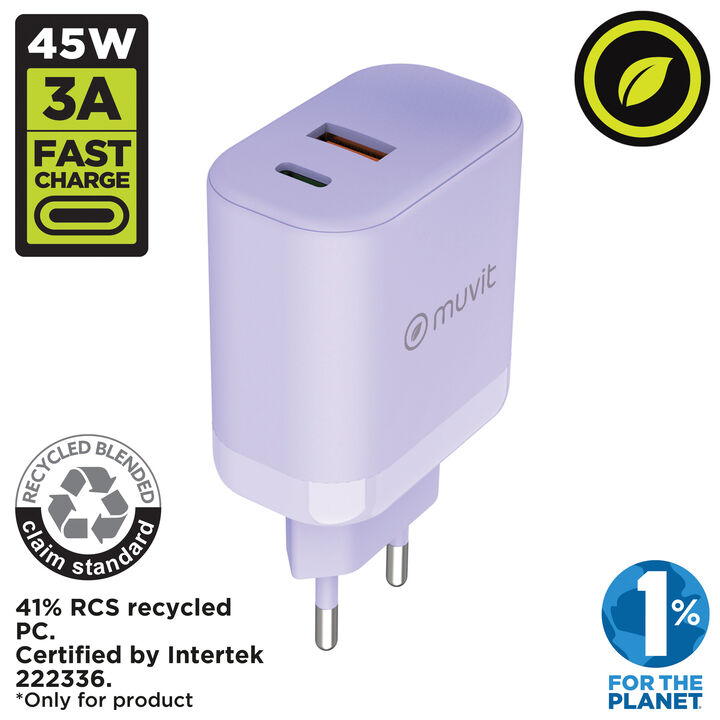 &iexcl;En casa, la oficina o donde lo puedas conectar, carga tus dispositivos y contribuye a cuidar el planeta!

Cargador de pared con clavija europea de un alegre color lavanda. Dispone de 1 USB 18W + 1 Tipo C PD 45W de potencia para carga r&aacute;pida y est&aacute; fabricado con materiales de origen certificado RCS - RECYCLED CLAIM STANDARD y 100% reciclable. (cable no incluido).

En muvit for change nos comprometemos a donar el 1% de los ingresos para el planeta*.