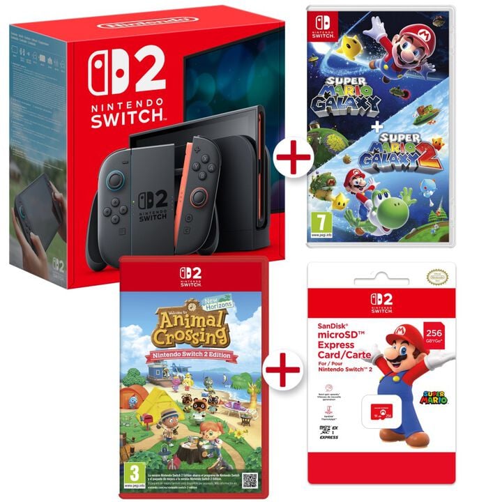 CONSOLA NINTENDO SWITCH 2 + ANIMAL CROSSING SWITCH 2 + SUPER MARIO GALAXY 1 Y 2 + MicroSD EXPRESS CARD VERSI&Oacute;N ESPA&Ntilde;OLA GARANT&Iacute;A EUROPEA EU WARRANTY

Nintendo Switch 2 incluye:

&bull; Una consola Nintendo Switch 2

&bull; Mandos Joy-Con 2 (izquierdo y derecho)

&bull; Un soporte para mandos Joy-Con 2

&bull; Correas de los mandos Joy-Con 2

&bull; Una base de Nintendo Switch 2

&bull; Un cable HDMI de ultra alta velocidad

&bull; Un adaptador de corriente de Nintendo Switch 2

&bull; Un cable USB-C de carga

&bull; JUEGO COMPLETO ANIMAL CROSSING SWITCH 2 en formato de juego f&iacute;sico

&bull; JUEGO COMPLETO SUPER MARIO GALAXY y SUPER MARIO GALAXY 2 SWITCH en formato de juego f&iacute;sico

&bull; Tarjeta MicroSD Express Card de 256Mb para Nintendo Switch 2

Con GameChat, todo el mundo podr&aacute; jugar en compa&ntilde;&iacute;a de nuevas maneras

Gracias a la nueva funci&oacute;n en l&iacute;nea GameChat*2, los usuarios podr&aacute;n jugar y hablar entre ellos como si estuvieran todos en la misma habitaci&oacute;n, sin importar la distancia que los separe en la realidad. Ya se trate de celebrar una victoria como simplemente de pasarse a saludar, con GameChat los usuarios tendr&aacute;n la sensaci&oacute;n de que sus amigos en l&iacute;nea del mundo entero est&aacute;n justo a su lado. Tras configurar GameChat, los usuarios solo tienen que pulsar el bot&oacute;n C situado en el mando Joy-Con 2 derecho para empezar un chat con sus amigos en cualquier momento. Mediante el micr&oacute;fono integrado de la consola, hasta 12 personas en distintas ubicaciones pueden comunicarse a trav&eacute;s del chat de voz mientras juegan. Adem&aacute;s, hasta cuatro personas pueden compartir sus pantallas y, si conectan una c&aacute;mara USB-C compatible, como la c&aacute;mara de Nintendo Switch 2 (a la venta por separado), tambi&eacute;n podr&aacute;n disfrutar del chat de v&iacute;deo y verse las caras mientras juegan y dan rienda suelta a todo su entusiasmo. Si m&aacute;s personas desean unirse a la sesi&oacute;n, solo podr&aacute;n hacerlo por medio del chat de voz. Hasta el 31 de marzo de 2026, se podr&aacute; disfrutar de GameChat sin necesidad de tener una suscripci&oacute;n a Nintendo Switch Online. Pasada esa fecha, ser&aacute; necesario contar con una suscripci&oacute;n.

Un mont&oacute;n de funciones y experiencias nuevas

Una pantalla m&aacute;s grande y con colores intensos que permite mostrar el movimiento con mayor fluidez Nintendo Switch 2 cuenta con una pantalla LCD de 7,9 pulgadas y 1080p que muestra im&aacute;genes en alta definici&oacute;n total (Full HD), aunque la consola sigue teniendo el mismo grosor que Nintendo Switch. Incluso en el modo port&aacute;til, Nintendo Switch 2 ofrece una experiencia de juego intensa y detallada, as&iacute; como gr&aacute;ficos fluidos que permiten ver en todo detalle los movimientos de los personajes y sus variadisimas expresiones faciales.

Los mandos Joy-Con 2 se acoplan a la consola con toda facilidad

Los mandos Joy-Con 2 son los mandos totalmente redise&ntilde;ados de Nintendo Switch 2 y se acoplan magn&eacute;ticamente a la consola. Ambos mandos se pueden usar a modo de rat&oacute;n desliz&aacute;ndolos sobre superficies como una mesa o el regazo de los jugadores para hacer una gran variedad de cosas, como por ejemplo, apuntar a los objetivos en ciertos juegos.

Un soporte que puede ajustarse en distintos &aacute;ngulos y un nuevo puerto USB-C

Los usuarios pueden ajustar el &aacute;ngulo del nuevo soporte situado en la parte trasera de NintendoSwitch 2 para jugar en la posici&oacute;n que m&aacute;s les apetezca. Mientras que Nintendo Switch solo cuenta con un puerto USB-C en la parte inferior de la consola, Nintendo Switch 2 a&ntilde;ade otro en

la parte superior, lo que permite a los jugadores usar el adaptador de corriente incluido con la consola para cargarla mientras juegan en el modo sobremesa.Tambi&eacute;n es posible conectar una c&aacute;mara USB-C compatible, como la c&aacute;mara de Nintendo Switch 2, para disfrutar del chat de

v&iacute;deo en GameChat.

Gran velocidad de procesamiento y rendimiento mejorado de los gr&aacute;ficos

El rendimiento de la CPU (unidad de procesamiento central) y la GPU (unidad de procesamiento de gr&aacute;ficos) de Nintendo Switch 2 se ha mejorado considerablemente con respecto a Nintendo Switch, lo que se traduce en una mayor velocidad de procesamiento y un aspecto visual

optimizado en los juegos. Tambi&eacute;n permite mostrar gr&aacute;ficos m&aacute;s detallados y acortar los tiempos de carga.

Sonido n&iacute;tido y audio espacial en 3DEn Nintendo Switch 2, el sonido es m&aacute;s definido y natural, con un equilibrio incluso mejor entre los rangos de frecuencia del audio. Cuando los usuarios jueguen en el modo port&aacute;til o en el modo sobremesa, podr&aacute;n disfrutar de los juegos con un sonido a&uacute;n m&aacute;s inmersivo y tridimensional.

Memoria interna de 256 GB

Nintendo Switch 2 dispone de 256 GB de memoria interna, ocho veces m&aacute;s que Nintendo Switch, para almacenar, entre otras cosas, juegos digitales y datos de guardado. En el caso de que se necesite almacenamiento adicional, Nintendo Switch 2 utiliza exclusivamente tarjetas microSD Express, que permiten leer datos a mayor velocidad en comparaci&oacute;n con modelos previos de tarjetas microSD.

Es posible jugar a t&iacute;tulos de Nintendo Switch en Nintendo Switch 2

En Nintendo Switch 2 se puede jugar tanto a t&iacute;tulos de Nintendo Switch 2 como a t&iacute;tulos compatibles de Nintendo Switch, ya sea en formato f&iacute;sico o digital. Es posible que algunos t&iacute;tulos de Nintendo Switch sean incompatibles o no compatibles en su totalidad con Nintendo Switch 2.

Los mandos Joy-Con y otros perif&eacute;ricos de Nintendo Switch, -como el mando Pro de Nintendo Switch, tambi&eacute;n se podr&aacute;n usar con Nintendo Switch 2 al conectarlos a la consola de manera inal&aacute;mbrica. En la p&aacute;gina web de Nintendo hay m&aacute;s informaci&oacute;n disponible sobre la compatibilidad con juegos y accesorios de Nintendo Switch.

La nueva base de Nintendo Switch 2

Si los usuarios conectan la base de Nintendo Switch 2 al televisor, podr&aacute;n disfrutar de hasta 120 fps y de una resoluci&oacute;n de hasta 4K en juegos y televisores compatibles.

M&uacute;ltiples personas pueden jugar a un mismo t&iacute;tulo con GameShare

Gracias a GameShare, una nueva funci&oacute;n de Nintendo Switch 2, los usuarios podr&aacute;n compartir un t&iacute;tulo para jugarlo con otras personas, incluso si estas no disponen de una copia del juego en cuesti&oacute;n. Por ejemplo, si una persona tiene una consola Nintendo Switch 2 y un juego compatible con GameShare, puede establecer la comunicaci&oacute;n local con las consolas Nintendo Switch 2 o Nintendo Switch de otros usuarios para invitarlos a jugar a dicho t&iacute;tulo de manera temporal. Si GameShare se usa entre consolas Nintendo Switch 2, tambi&eacute;n es posible utilizar GameChat durante partidas en l&iacute;nea para que los usuarios charlen con los dem&aacute;s mientras juegan a un mismo t&iacute;tulo.

Las tarjetas de juego virtuales aportan ventajas al uso de los juegos digitales

Las tarjetas de juego virtuales permiten a los usuarios gestionar f&aacute;cilmente los juegos digitales que tengan, jugarlos en dos consolas diferentes o incluso prest&aacute;rselos entre ellos. En la secci&oacute;n de la consola dedicada a las tarjetas de juego virtuales se muestran todos los juegos digitalesque un usuario ha adquirido con su cuenta Nintendo, lo que facilita acceder a ellos y cargarlos en la consola. Una vez que se cargue la tarjeta de juego virtual en una consola, cualquier usuario de la misma podr&aacute; jugar al juego incluso cuando la consola no est&eacute; conectada a internet. Adem&aacute;s, gracias a las tarjetas de juego virtuales los miembros de un mismo grupo familiar de la cuenta Nintendo pueden prestarse juegos entre s&iacute; por medio de la comunicaci&oacute;n local.
TARJETA DE MEMORIA 256 GB MICRO SD EXPRESS CARD PARA NINTENDO SWITCH 2 GARANT&Iacute;A EUROPEA EU WARRANTY

Tarjeta de memoria de 256 GB tipo Micro SD XC Express para la consola Nintendo Switch 2.

Con esta tarjeta puedes aumentar la capacidad de tu consola para descargar juegos y complementos.

Producto oficial Nintendo fabricado por SanDisk.