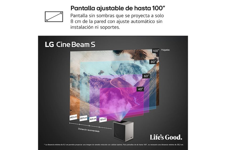 Proyector l&aacute;ser de tiro ultra corto con resoluci&oacute;n 4K UHD, 500 l&uacute;menes, Smart TV webOS 24, Dolby Atmos y conectividad HDMI eARC, USB‑C, Bluetooth y WiFi. Proyecci&oacute;n hasta 100 pulgadas desde solo 8,1 cm.