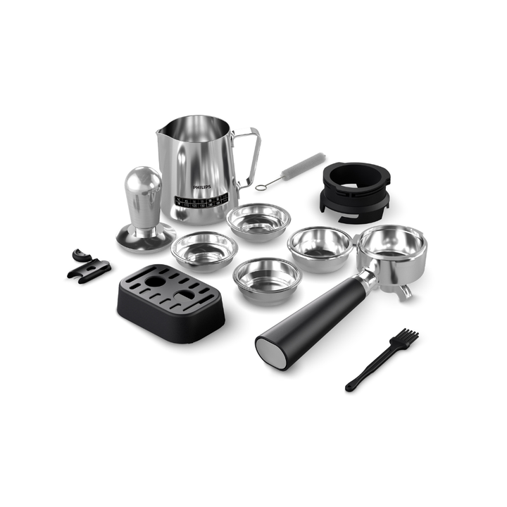 Sumérgete en el variado mundo del café con el contenedor de granos de 250 g para conservar la frescura. Mejora tu experiencia de café con la tranquilidad de que cada preparación conserva su rico aroma. Disfruta de un rico y cremoso café en cada taza gracias al porta litros de acero inoxidable de 58 mm de nivel profesional y las cestas de ltros de una y doble pared. El tamaño de este porta litros te permite crear el perfecto café espreso de color marrón dorado con una espumosa crema aromática y garantiza una extracción más uniforme del café molido gracias a una distribución más amplia del agua. Además, admite una dosis más grande de café molido para conseguir una taza más rica y robusta.Prensa los granos de café molido sin esfuerzo usando el prensador calibrado de acero inoxidable con cabeza plana, que garantiza la presión correcta y crea una super cie equilibrada y uniforme. Mejora tu experiencia de preparación de café con precisión y facilidad. Disfruta de la facilidad de preparar la micro espuma suave perfecta para hacer tus creaciones de café con leche con nuestra jarra de leche a temperatura perfecta de 450 ml y su potente tubo de vapor. La tira de temperatura de la jarra de leche te permite alcanzar la temperatura adecuada de la espuma de leche y crear esa textura aterciopelada sin esfuerzo para saborear el café como a ti te gusta.