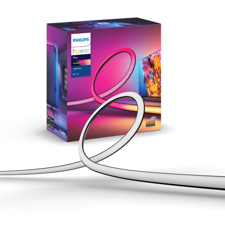Experimenta la emoci&oacute;n del cine en casa con Philips Hue Play gradient lightstrip. Disfrutar&aacute;s de numerosos colores de luz que reaccionan al contenido de la pantalla. Con los soportes incluidos, puedes fijarla a un televisor de entre 55 y 65 pulgadas que est&eacute; colgado de la pared o colocado sobre un mueble.