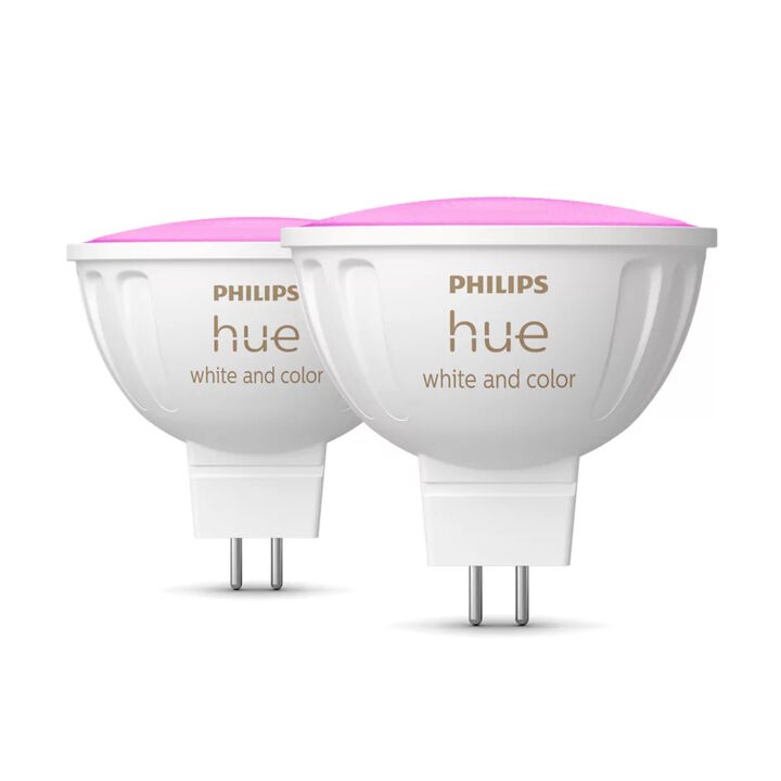 Pack Doble MR16 12v Philips Hue White & Color.

LED integrado.

Bridge NO incluido.

Dimmer Switch NO incluido.

La bombilla dicroica Philips Hue Mr16 12v te permite integrar tus l&aacute;mparas y luminarias de menor tama&ntilde;o en el sistema de iluminaci&oacute;n inteligente Philips Hue. Con el tama&ntilde;o exacto de una dicroica tradicional, la bombilla Mr16 encaja donde otras bombillas dicroicas mayores no pueden. Disponible en Hue White Ambiance y Hue White and Color Ambiance la bombilla MR16 ofrece millones de tonos de luz blanca y de color en cualquier &aacute;rea de tu hogar.