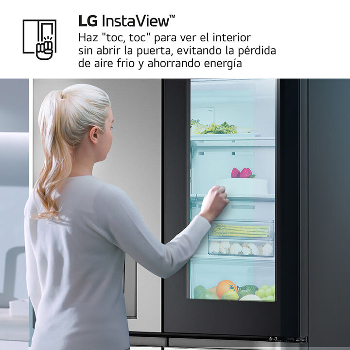 Frigor&iacute;fico americano de 4 puertas con 646 litros, InstaView, DoorCooling+, LinearCooling, UVnano y dispensador de agua y hielo. Clase energ&eacute;tica E y dise&ntilde;o inox antihuellas.