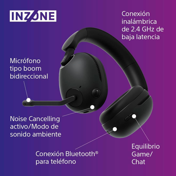 Auriculares OverEar Inalámbricos SONY INZONE H9 con micrófono integrado y cancelación de ruido, conectividad Bluetooth 5.0 y transceptor USB, batería con hasta 32h de autonomía / 3.5h de carga