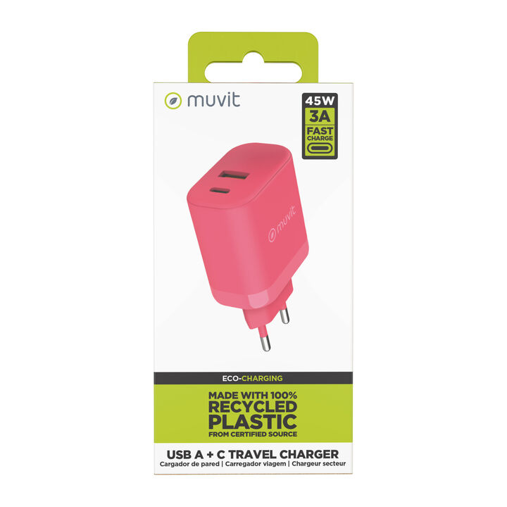 &iexcl;En casa, la oficina o donde lo puedas conectar, carga tus dispositivos y contribuye a cuidar el planeta!

Cargador de pared con clavija europea de un alegre color magenta. Dispone de 1 USB 18W + 1 Tipo C PD 45W de potencia para carga r&aacute;pida y est&aacute; fabricado con materiales de origen certificado RCS - RECYCLED CLAIM STANDARD y 100% reciclable. (cable no incluido).

En muvit for change nos comprometemos a donar el 1% de los ingresos para el planeta*.