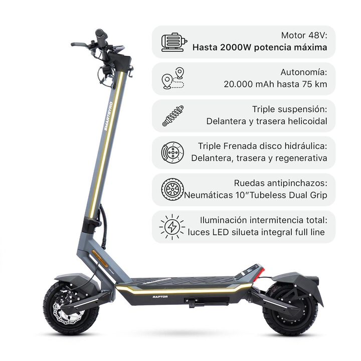 Patinete el&eacute;ctrico certificado con una potencia m&aacute;xima de 2000W 48V, bater&iacute;a de litio de 20.000 mAh con hasta 75 km de autonom&iacute;a, ruedas de 10" neum&aacute;ticas tubeless, frenos hidr&aacute;ulicos, suspensi&oacute;n delantera y trasera por elast&oacute;meros, triple frenada, intermitentes y APP compatible