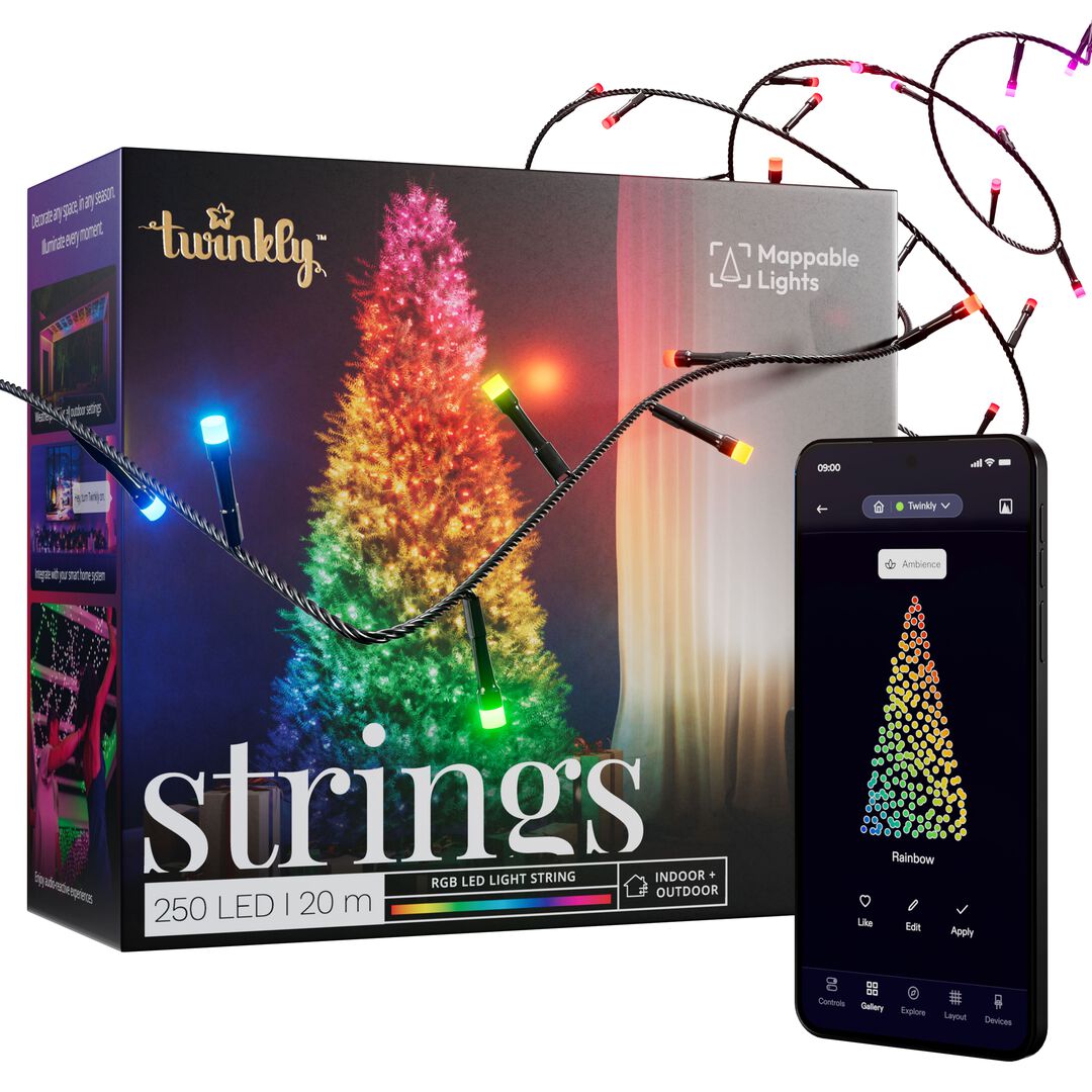 La luz y el color toman el protagonismo con Twinkly&rsquo;s Strings para las decoraciones m&aacute;s din&aacute;micas. La exclusiva app Twinkly utiliza la c&aacute;mara de tu smartphone para mapear los LEDs y crear displays tipo pantalla. Reproduce y personaliza presets o crea los tuyos propios con una paleta de m&aacute;s de 16M de colores.  
Agr&uacute;palos con cualquier otro dispositivo Twinkly para una sincronizaci&oacute;n perfecta, con&eacute;ctalos a tu hogar inteligente para control por voz manos libres y comb&iacute;nalos con Twinkly Music para ver c&oacute;mo las luces bailan al ritmo del sonido.
Reproduce y personaliza efectos y animaciones preestablecidos o crea los tuyos desde una paleta de m&aacute;s de 16 millones de colores, incluido el blanco c&aacute;lido. Incluso puedes dibujar efectos desde cero usando el FX Wizard.
Reproduce y personaliza efectos y animaciones preestablecidos o crea los tuyos desde una paleta de blancos, del plata fr&iacute;o al oro c&aacute;lido. Incluso puedes dibujar efectos desde cero usando el FX Wizard.
Conecta virtualmente y mapea con otras luces Twinkly para exhibiciones m&aacute;s grandes y sincronizadas. Usa con Twinkly Music y observa c&oacute;mo las luces bailan en tiempo real con tus canciones favoritas.