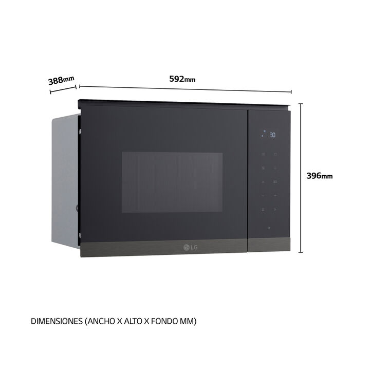 Microondas integrable de 25 litros con grill, 900 W, interior EasyClean, panel t&aacute;ctil y 8 men&uacute;s autom&aacute;ticos. Dise&ntilde;o en cristal negro y acero negro.