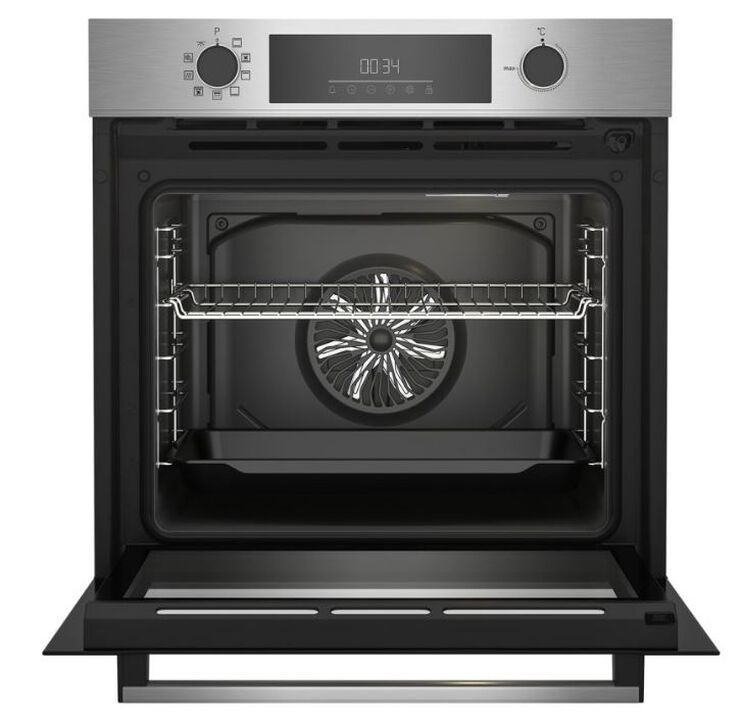 Horno multifunci&oacute;n integrable Beko de 72 litros, acabado en acero inoxidable, con limpieza pirol&iacute;tica, tecnolog&iacute;a AeroPerfect&trade; para una distribuci&oacute;n uniforme del aire caliente, 9 funciones de cocci&oacute;n, display LED Touchcontrol y eficiencia energ&eacute;tica clase A.