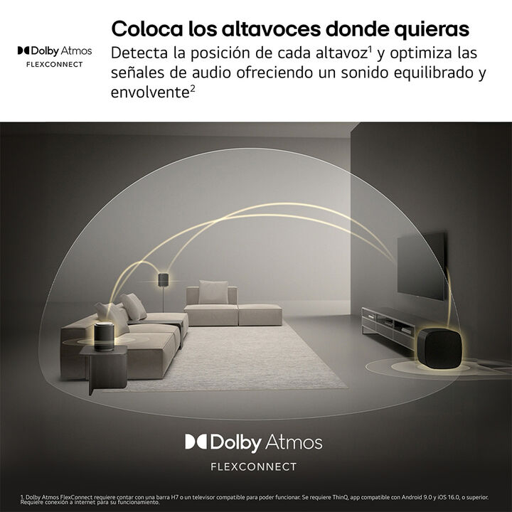 Barra de sonido LG Sound Suite H7 con 9.1.6 canales, Dolby Atmos FlexConnect, procesador Alpha 11 y sonido inmersivo inteligente. Compatible con ecosistema Sound Suite y conectividad avanzada WiFi, Bluetooth 5.4, AirPlay 2 y Chromecast.