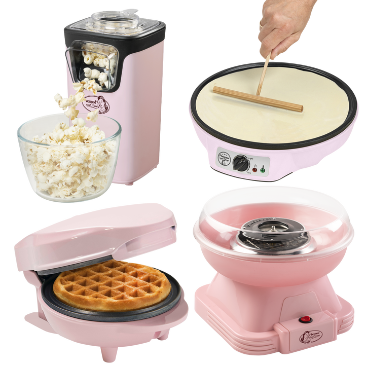 Set de cocina Party Pink, compuesto por gofrera, crepera, m&aacute;quina de palomitas y m&aacute;quina de algod&oacute;n de az&uacute;car