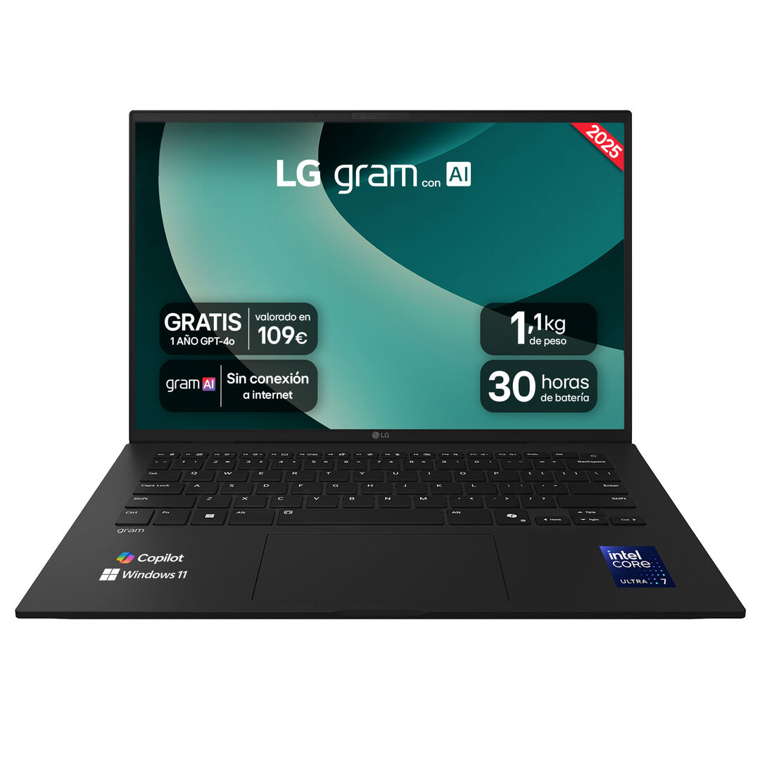 Port&aacute;til de 14" LG gram 14Z90T, Windows 11, Intel&reg; Core&trade; Ultra7 , 32 GB RAM , 2TB SSD, Pantalla IPS WUXGA, 1.120 g , 30 horas, AI, Negro