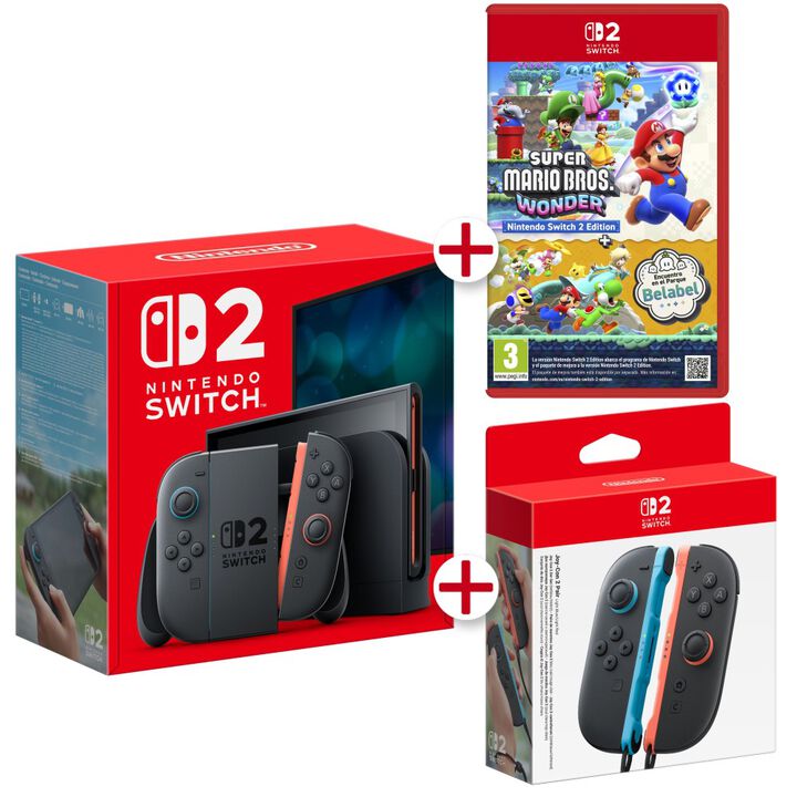Descripci&oacute;n
CONSOLA NINTENDO SWITCH 2 + JUEGO SUPER MARIO BROS WONDER NINTENDO SWITCH 2 EDITION + JOYCON 2 VERSI&Oacute;N ESPA&Ntilde;OLA GARANT&Iacute;A EUROPEA EU WARRANTY

Nintendo Switch 2 incluye:

&bull; Una consola Nintendo Switch 2

&bull; Mandos Joy-Con 2 (izquierdo y derecho)

&bull; Un soporte para mandos Joy-Con 2

&bull; Correas de los mandos Joy-Con 2

&bull; Una base de Nintendo Switch 2

&bull; Un cable HDMI de ultra alta velocidad

&bull; Un adaptador de corriente de Nintendo Switch 2

&bull; Un cable USB-C de carga

&bull; JUEGO COMPLETO SUPER MARIO BROS. WONDER SWITCH 2 EDITION en formato de juego f&iacute;sico

&bull; JOY-CON 2 (pareja - Azul claro/Rojo claro) para Nintendo Switch 2

Con GameChat, todo el mundo podr&aacute; jugar en compa&ntilde;&iacute;a de nuevas maneras

Gracias a la nueva funci&oacute;n en l&iacute;nea GameChat*2, los usuarios podr&aacute;n jugar y hablar entre ellos como si estuvieran todos en la misma habitaci&oacute;n, sin importar la distancia que los separe en la realidad. Ya se trate de celebrar una victoria como simplemente de pasarse a saludar, con GameChat los usuarios tendr&aacute;n la sensaci&oacute;n de que sus amigos en l&iacute;nea del mundo entero est&aacute;n justo a su lado. Tras configurar GameChat, los usuarios solo tienen que pulsar el bot&oacute;n C situado en el mando Joy-Con 2 derecho para empezar un chat con sus amigos en cualquier momento. Mediante el micr&oacute;fono integrado de la consola, hasta 12 personas en distintas ubicaciones pueden comunicarse a trav&eacute;s del chat de voz mientras juegan. Adem&aacute;s, hasta cuatro personas pueden compartir sus pantallas y, si conectan una c&aacute;mara USB-C compatible, como la c&aacute;mara de Nintendo Switch 2 (a la venta por separado), tambi&eacute;n podr&aacute;n disfrutar del chat de v&iacute;deo y verse las caras mientras juegan y dan rienda suelta a todo su entusiasmo. Si m&aacute;s personas desean unirse a la sesi&oacute;n, solo podr&aacute;n hacerlo por medio del chat de voz. Hasta el 31 de marzo de 2026, se podr&aacute; disfrutar de GameChat sin necesidad de tener una suscripci&oacute;n a Nintendo Switch Online. Pasada esa fecha, ser&aacute; necesario contar con una suscripci&oacute;n.

Un mont&oacute;n de funciones y experiencias nuevas

Una pantalla m&aacute;s grande y con colores intensos que permite mostrar el movimiento con mayor fluidez Nintendo Switch 2 cuenta con una pantalla LCD de 7,9 pulgadas y 1080p que muestra im&aacute;genes en alta definici&oacute;n total (Full HD), aunque la consola sigue teniendo el mismo grosor que Nintendo Switch. Incluso en el modo port&aacute;til, Nintendo Switch 2 ofrece una experiencia de juego intensa y detallada, as&iacute; como gr&aacute;ficos fluidos que permiten ver en todo detalle los movimientos de los personajes y sus variadisimas expresiones faciales.

Los mandos Joy-Con 2 se acoplan a la consola con toda facilidad

Los mandos Joy-Con 2 son los mandos totalmente redise&ntilde;ados de Nintendo Switch 2 y se acoplan magn&eacute;ticamente a la consola. Ambos mandos se pueden usar a modo de rat&oacute;n desliz&aacute;ndolos sobre superficies como una mesa o el regazo de los jugadores para hacer una gran variedad de cosas, como por ejemplo, apuntar a los objetivos en ciertos juegos.

Un soporte que puede ajustarse en distintos &aacute;ngulos y un nuevo puerto USB-C

Los usuarios pueden ajustar el &aacute;ngulo del nuevo soporte situado en la parte trasera de NintendoSwitch 2 para jugar en la posici&oacute;n que m&aacute;s les apetezca. Mientras que Nintendo Switch solo cuenta con un puerto USB-C en la parte inferior de la consola, Nintendo Switch 2 a&ntilde;ade otro en

la parte superior, lo que permite a los jugadores usar el adaptador de corriente incluido con la consola para cargarla mientras juegan en el modo sobremesa.Tambi&eacute;n es posible conectar una c&aacute;mara USB-C compatible, como la c&aacute;mara de Nintendo Switch 2, para disfrutar del chat de

v&iacute;deo en GameChat.

Gran velocidad de procesamiento y rendimiento mejorado de los gr&aacute;ficos

El rendimiento de la CPU (unidad de procesamiento central) y la GPU (unidad de procesamiento de gr&aacute;ficos) de Nintendo Switch 2 se ha mejorado considerablemente con respecto a Nintendo Switch, lo que se traduce en una mayor velocidad de procesamiento y un aspecto visual

optimizado en los juegos. Tambi&eacute;n permite mostrar gr&aacute;ficos m&aacute;s detallados y acortar los tiempos de carga.

Sonido n&iacute;tido y audio espacial en 3DEn Nintendo Switch 2, el sonido es m&aacute;s definido y natural, con un equilibrio incluso mejor entre los rangos de frecuencia del audio. Cuando los usuarios jueguen en el modo port&aacute;til o en el modo sobremesa, podr&aacute;n disfrutar de los juegos con un sonido a&uacute;n m&aacute;s inmersivo y tridimensional.

Memoria interna de 256 GB

Nintendo Switch 2 dispone de 256 GB de memoria interna, ocho veces m&aacute;s que Nintendo Switch, para almacenar, entre otras cosas, juegos digitales y datos de guardado. En el caso de que se necesite almacenamiento adicional, Nintendo Switch 2 utiliza exclusivamente tarjetas microSD Express, que permiten leer datos a mayor velocidad en comparaci&oacute;n con modelos previos de tarjetas microSD.

Es posible jugar a t&iacute;tulos de Nintendo Switch en Nintendo Switch 2

En Nintendo Switch 2 se puede jugar tanto a t&iacute;tulos de Nintendo Switch 2 como a t&iacute;tulos compatibles de Nintendo Switch, ya sea en formato f&iacute;sico o digital. Es posible que algunos t&iacute;tulos de Nintendo Switch sean incompatibles o no compatibles en su totalidad con Nintendo Switch 2.

Los mandos Joy-Con y otros perif&eacute;ricos de Nintendo Switch, -como el mando Pro de Nintendo Switch, tambi&eacute;n se podr&aacute;n usar con Nintendo Switch 2 al conectarlos a la consola de manera inal&aacute;mbrica. En la p&aacute;gina web de Nintendo hay m&aacute;s informaci&oacute;n disponible sobre la compatibilidad con juegos y accesorios de Nintendo Switch.

La nueva base de Nintendo Switch 2

Si los usuarios conectan la base de Nintendo Switch 2 al televisor, podr&aacute;n disfrutar de hasta 120 fps y de una resoluci&oacute;n de hasta 4K en juegos y televisores compatibles.

M&uacute;ltiples personas pueden jugar a un mismo t&iacute;tulo con GameShare

Gracias a GameShare, una nueva funci&oacute;n de Nintendo Switch 2, los usuarios podr&aacute;n compartir un t&iacute;tulo para jugarlo con otras personas, incluso si estas no disponen de una copia del juego en cuesti&oacute;n. Por ejemplo, si una persona tiene una consola Nintendo Switch 2 y un juego compatible con GameShare, puede establecer la comunicaci&oacute;n local con las consolas Nintendo Switch 2 o Nintendo Switch de otros usuarios para invitarlos a jugar a dicho t&iacute;tulo de manera temporal. Si GameShare se usa entre consolas Nintendo Switch 2, tambi&eacute;n es posible utilizar GameChat durante partidas en l&iacute;nea para que los usuarios charlen con los dem&aacute;s mientras juegan a un mismo t&iacute;tulo.

Las tarjetas de juego virtuales aportan ventajas al uso de los juegos digitales

Las tarjetas de juego virtuales permiten a los usuarios gestionar f&aacute;cilmente los juegos digitales que tengan, jugarlos en dos consolas diferentes o incluso prest&aacute;rselos entre ellos. En la secci&oacute;n de la consola dedicada a las tarjetas de juego virtuales se muestran todos los juegos digitalesque un usuario ha adquirido con su cuenta Nintendo, lo que facilita acceder a ellos y cargarlos en la consola. Una vez que se cargue la tarjeta de juego virtual en una consola, cualquier usuario de la misma podr&aacute; jugar al juego incluso cuando la consola no est&eacute; conectada a internet. Adem&aacute;s, gracias a las tarjetas de juego virtuales los miembros de un mismo grupo familiar de la cuenta Nintendo pueden prestarse juegos entre s&iacute; por medio de la comunicaci&oacute;n local.
JOY-CON 2 PAREJA - AZUL CLARO/ROJO CLARO PARA NINTENDO SWITCH 2 VERSI&Oacute;N ESPA&Ntilde;OLA GARANT&Iacute;A EUROPEA EU WARRANTY

Pack de 2 Joy-Con 2 para la consola Nintendo Switch 2, actualizados para que sea mucho m&aacute;s f&aacute;cil el control del movimiento, vibraci&oacute;n HD 2 y el nuevo bot&oacute;n C para acceder f&aacute;cilmente a GameChat, adem&aacute;s de usar el nuevo modo rat&oacute;n en juegos compatibles.

Este juego de mandos incluye dos Joy-Con 2 (uno derecho y uno izquierdo), junto con un par de correas. Es perfecto para jugar en modo multijugador local con otra persona en t&iacute;tulos compatibles.

Los mandos tienen aceler&oacute;metro, giroscopio, sensor del rat&oacute;n, un tiempo de carga de aproximadamente 3,5 horas y una duraci&oacute;n de la bater&iacute;a de aproximadamente de 20 horas.

Especificaciones:

    Peso Aproximadamente 66 g
    Tama&ntilde;o Aproximadamente 116 mm &times; 14,4 mm &times; 30,7 mm
    Bater&iacute;a interna Bater&iacute;a de ion de litio; capacidad de la bater&iacute;a: 500 mAh.
    Conectividad Bluetooth
    Botones 
    Palanca izquierda (se puede pulsar)
    Botones direccionales y L, ZL, SL, SR y &minus;
    Bot&oacute;n de captura
    Bot&oacute;n de extracci&oacute;n
    Bot&oacute;n SYNC

SUPER MARIO BROS. WONDER NINTENDO SWITCH 2 EDITION + ENCUENTRO EN EL PARQUE BELABEL

Super Mario Bros. Wonder &ndash; Nintendo Switch 2 Edition + Encuentro en el Parque Belabel

lleva nuevas actividades de multijugador cooperativo y competitivo al Reino Flor, adem&aacute;s de nuevo contenido y mejoras espec&iacute;ficas para Nintendo Switch 2. Re&uacute;ne a familiares y amigos y visitad el Parque Belabel, una nueva zona del Reino Flor que cuenta con dos grandes plazas repletas de atracciones. Haced equipo o enfrentaos en desaf&iacute;os como Monedas de Bobombo en el que recoger tantas monedas de oro como pod&aacute;is, o Batalla de burbujas donde tendr&eacute;is que ir con todo e intentar sobrevivir con el mayor n&uacute;mero de vidas intactas.La plaza Multijugador local cuenta con 17 tipos de atracciones diferentes en las que puedes jugar con hasta tres amigos en la misma consola.

. El juego es compatible con la funci&oacute;n GameShare2, con lo que, si un jugador tiene el juego, puede compartirlo de forma local con hasta tres jugadores m&aacute;s. Tambi&eacute;n puedes visitar la plaza Salas de juego para acceder a las opciones de juego online e inal&aacute;mbrico local. Aqu&iacute;, cada jugador aporta su propia consola para jugar de forma local o en l&iacute;nea3, uni&eacute;ndose a la acci&oacute;n desde su propia pantalla. Hasta 12 amigos pueden competir entre s&iacute; en las seis atracciones adicionales de la plaza Salas de juego.

Hay m&aacute;s caracter&iacute;sticas nuevas de esta edici&oacute;n del juego, entre las que se incluyen:

&bull; Base de la cuadrilla Toad &ndash; El Parque Belabel tambi&eacute;n te permite poner tus habilidades a prueba en una serie de desaf&iacute;os ambientados en niveles de Super Mario Bros. Wonder.

A medida que progreses en la campa&ntilde;a principal del juego, tendr&aacute;s acceso a a&uacute;n m&aacute;s desaf&iacute;os de entrenamiento de todo el Reino Flor. Completa cada desaf&iacute;o por ti mismo o int&eacute;ntalo con hasta tres otros jugadores para escalar en los rangos de la cuadrilla Toad y llegar a convertirte en un as de la cuadrilla.

&bull; Modo ayuda &ndash; &iquest;Es tu primera vez con Super Mario Bros. Wonder? Aqu&iacute; tienes un poquito de ayuda. Activa este modo mientras juegas y tendr&aacute;s la posibilidad de recuperarte r&aacute;pidamente de ca&iacute;das inesperadas sin perder una vida, o evita sufrir da&ntilde;os, sin importar el personaje que elijas.

&bull; Nuevas caras conocidas &ndash; Esta nueva edici&oacute;n incluye nada menos que a la mism&iacute;sima Estela, que visita el Reino Flor por primera vez. Y no viene sola, ya que el Destello compa&ntilde;ero tambi&eacute;n llega como personaje de apoyo, disponible cuando al menos dos personas juegan juntas. El Destello no recibir&aacute; da&ntilde;o y puede ayudar a otros jugadores derrotando a enemigos con un movimiento de giro y recogiendo monedas por los niveles.

Incluso se puede controlar al Destello utilizando la funcionalidad de rat&oacute;n de los mandos Joy-Con 2 de Nintendo Switch 2.

&bull; Y maliciosos villanos &ndash; Estela y Destello son invitados bienvenidos, pero no se podr&iacute;a decir lo mismo de los Esbirros de Bowser, que llegan para ponerlo todo patas arriba.

Despu&eacute;s de robar el tesoro secreto del Parque Belabel, los siete Esbirros salen volando y se dispersan por todo el Reino Flor. Permanece alerta porque si te cruzas con uno, tendr&aacute;s que entrar en su nivel y vencerle en su terreno.

*1 Se requieren accesorios adicionales para el modo multijugador. A la venta por separado.

*2 La sesi&oacute;n de GameShare debe ser iniciada por una consola Nintendo Switch 2. Los usuarios que reciban un programa a trav&eacute;s de GameShare solo podr&aacute;n utilizarlo durante la sesi&oacute;n en la que fue compartido. El juego compartido no se podr&aacute; jugar tras finalizar la sesi&oacute;n.

*3 Se requiere una conexi&oacute;n a internet durante el juego en l&iacute;nea. Para utilizar servicios en l&iacute;nea se debe crear una Cuenta Nintendo y aceptar el acuerdo relacionado. Se aplica la Pol&iacute;tica de Privacidad de las Cuentas Nintendo. Algunos servicios en l&iacute;nea podr&iacute;an no estar disponibles en todos los pa&iacute;ses. El juego en l&iacute;nea requiere una suscripci&oacute;n de pago.