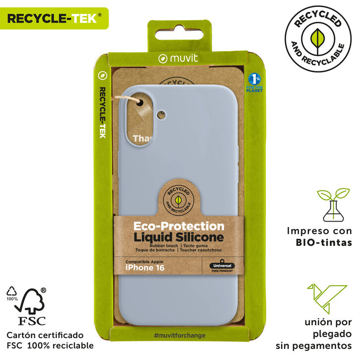 Nuestra funda liquid de muvit for change, fabricada en silicona reciclada certificada, aporta un tacto extra suave con un acabado interior en microfibra. Añade un toque de color a tu iPhone 

La protección del medio ambiente es, hoy en día, una preocupación en todo momento, con las fundas recycletek de muvit for change, proponemos una gama de fundas reciclables, fabricadas con materiales reciclados con certificado GRS. Una manera responsable de proteger nuestro smartphone. 