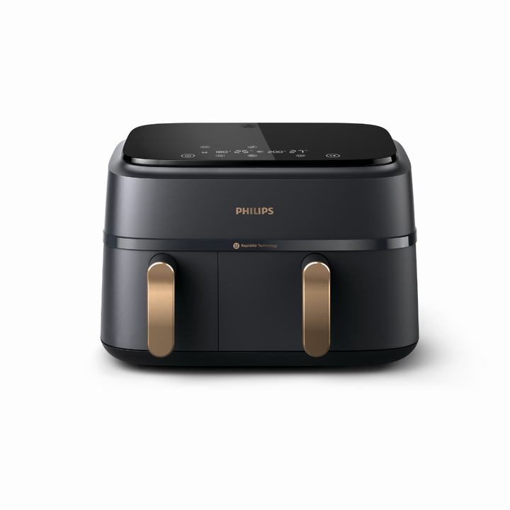 Airfryer Serie 4000 con doble cesta vertical (2&times;5 L, total 10 L), tecnolog&iacute;a Rapid Air, ventana de control, pantalla t&aacute;ctil superior, funci&oacute;n de sincronizaci&oacute;n y app HomeID de recetas. Color negro con mango cobre.
