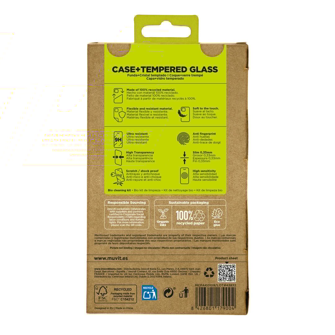 La protección del medio ambiente es, hoy en día, una preocupación en todo momento. Con el PACK funda recycletek +protector eco responsable de muvit for change, proponemos una manera responsable de proteger nuestro smartphone. Porque contribuir en la lucha contra la contaminación y proteger nuestro eco sistema, debe formar parte de nuestros gestos cotidianos.

El PACK incluye la funda Recycletek 100% reciclable y 100% fabricada con materiales reciclados de fundas usadas y vieja. Nuestro protector de pantalla eco responsable, aporta protección extra a la pantalla de tu Smartphone sin perder la sensibilidad al tacto. De alta resistencia a impactos y arañazos con una dureza de 9H (máxima escala). Ambos productos están fabricados con plástico reciclado de origen certificado.

En muvit for change nos comprometemos a donar el 1% de los ingresos para el planeta*.