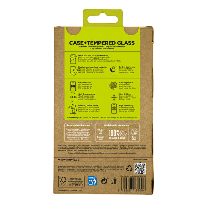 La protección del medio ambiente es, hoy en día, una preocupación en todo momento. Con el PACK funda recycletek +protector eco responsable de muvit for change, proponemos una manera responsable de proteger nuestro smartphone. Porque contribuir en la lucha contra la contaminación y proteger nuestro eco sistema, debe formar parte de nuestros gestos cotidianos.

El PACK incluye la funda Recycletek 100% reciclable y 100% fabricada con materiales reciclados de fundas usadas y vieja. Nuestro protector de pantalla eco responsable, aporta protección extra a la pantalla de tu Smartphone sin perder la sensibilidad al tacto. De alta resistencia a impactos y arañazos con una dureza de 9H (máxima escala). Ambos productos están fabricados con plástico reciclado de origen certificado.

En muvit for change nos comprometemos a donar el 1% de los ingresos para el planeta*.