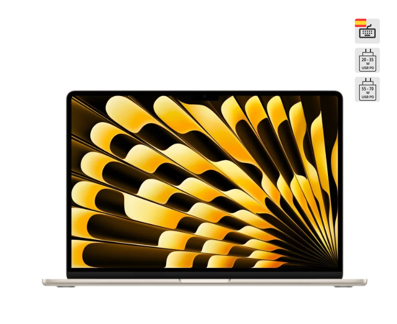 MacBook Air 15" (2024) / M3 8 Núcleos / 8GB RAM / QWERTY / ESP 256GB Blanco - Reacondicionado

MacBook Air de 15". Potencia M3. Afilada al máximo.
El MacBook Air es el compañero perfecto para trabajar y divertirte. Además, ahora el portátil más popular del mundo incluye el huracanado chip M3. Con este fichaje, un diseño ultracompacto y hasta 18 horas de autonomía,1 puede ir contigo donde quieras para ventilarte todo lo que te echen. 

Nada más abrirlo, el MacBook Air ya está listo para el rocanrol. Y gracias a su diseño sin ventilador, no se le oye resoplar por mucho que trabaje. Hagas lo que hagas, con el chip M3 vas a disfrutar de una velocidad y una fluidez asombrosas, tanto al usar varias apps a la vez, como al editar vídeos en iMovie o adentrarte en Baldur’s Gate 3 con el modo Juego activado.

El MacBook Air con chip M3 aprovecha el fantástico rendimiento de IA del Neural Engine para ofrecer prestaciones inteligentes de macOS que multiplican la productividad y la creatividad, como potentes funciones de cámara, conversión de voz a texto en tiempo real y comprensión visual.

Además, el MacBook Air te permite utilizar funciones avanzadas de IA para hacer de todo en montones de apps: desde mejorar fotos en Pixelmator Pro hasta borrar el ruido de fondo de un vídeo con CapCut, o comprobar si te salen los números usando el asistente para matemáticas con IA de Goodnotes. Y esto es solo el principio.